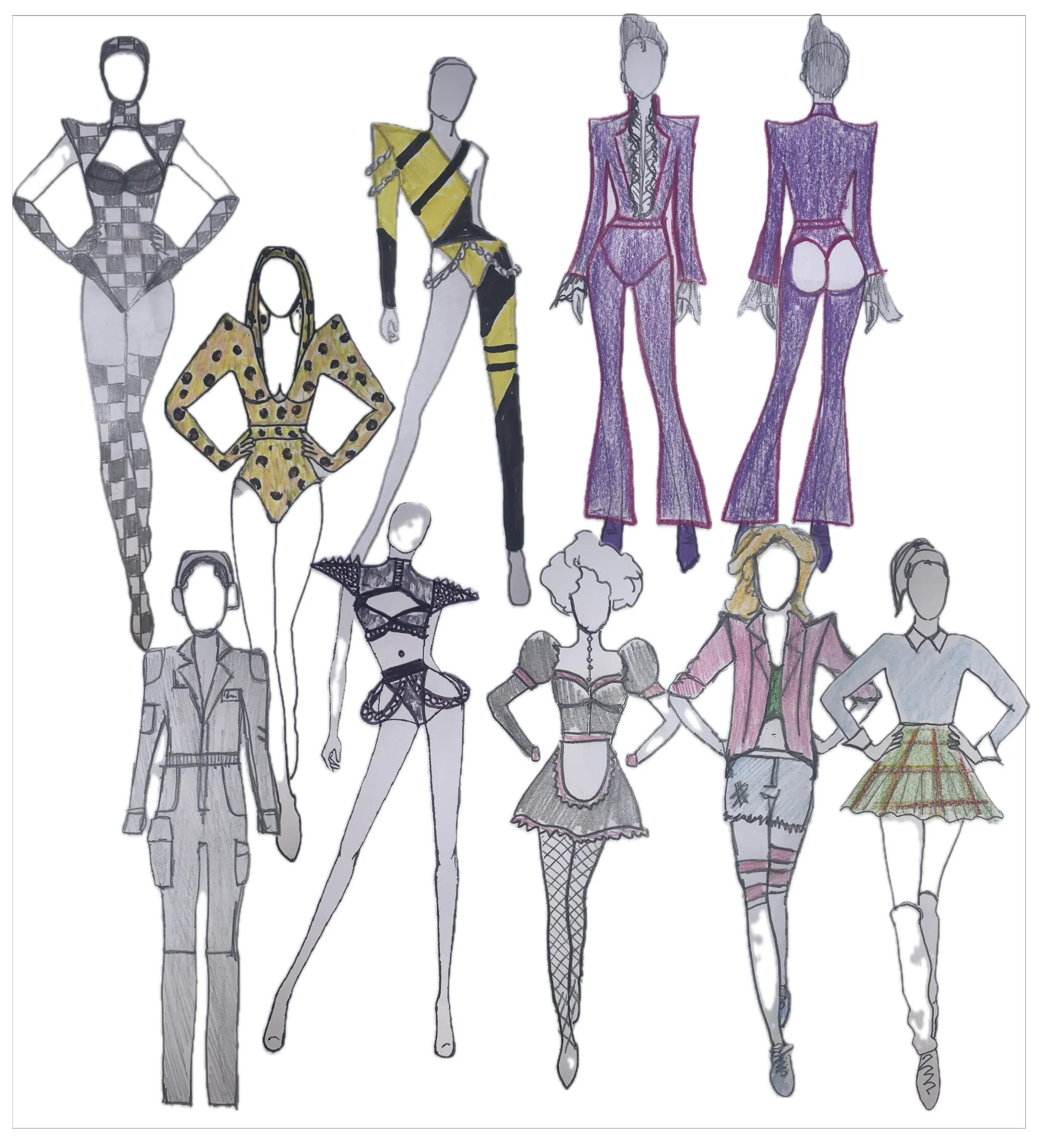 A page of costume sketches: eleven figures in bodysuits, catsuits and jackets