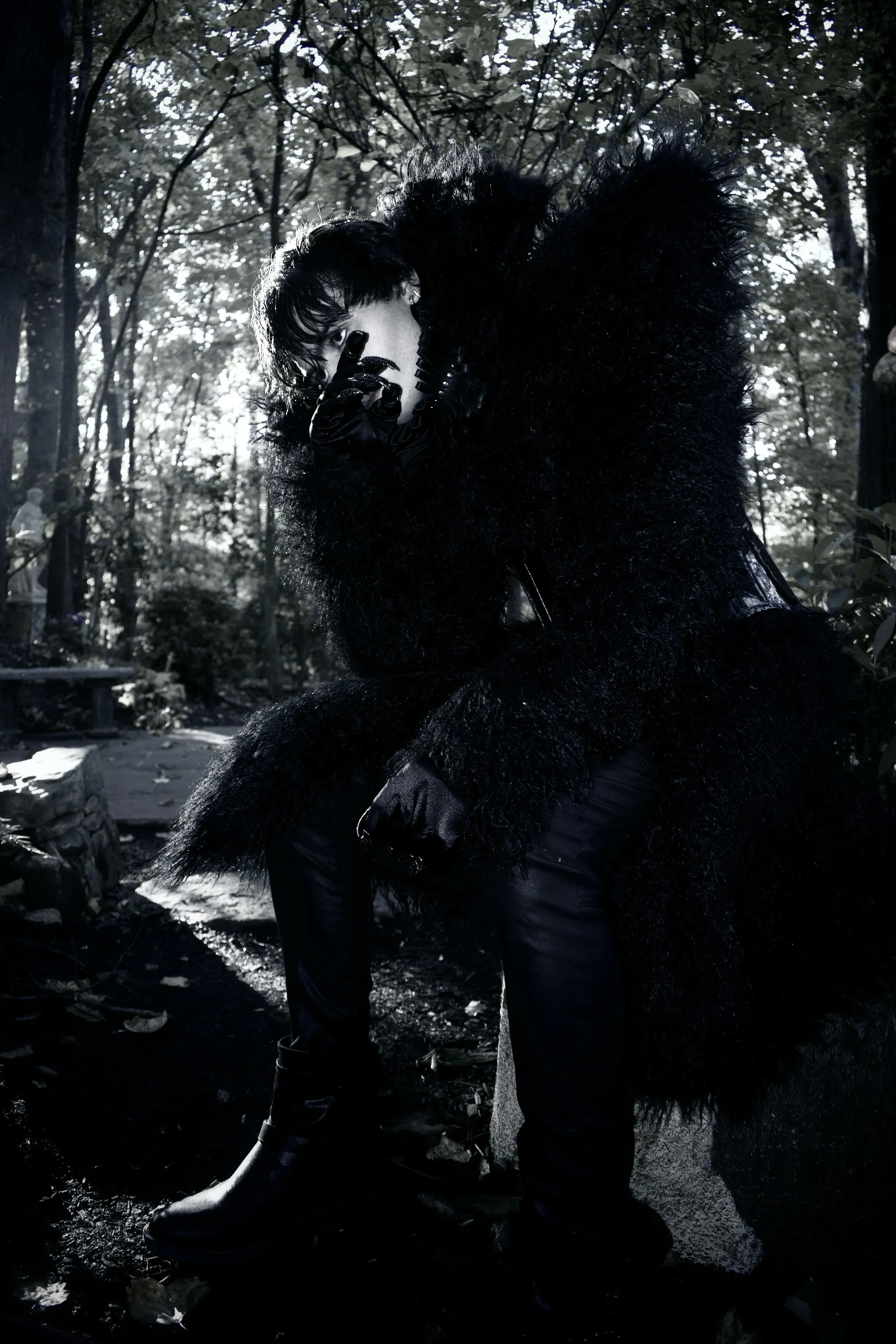 The black fur look seated on a rock in a dark forest, the coat spread like wings