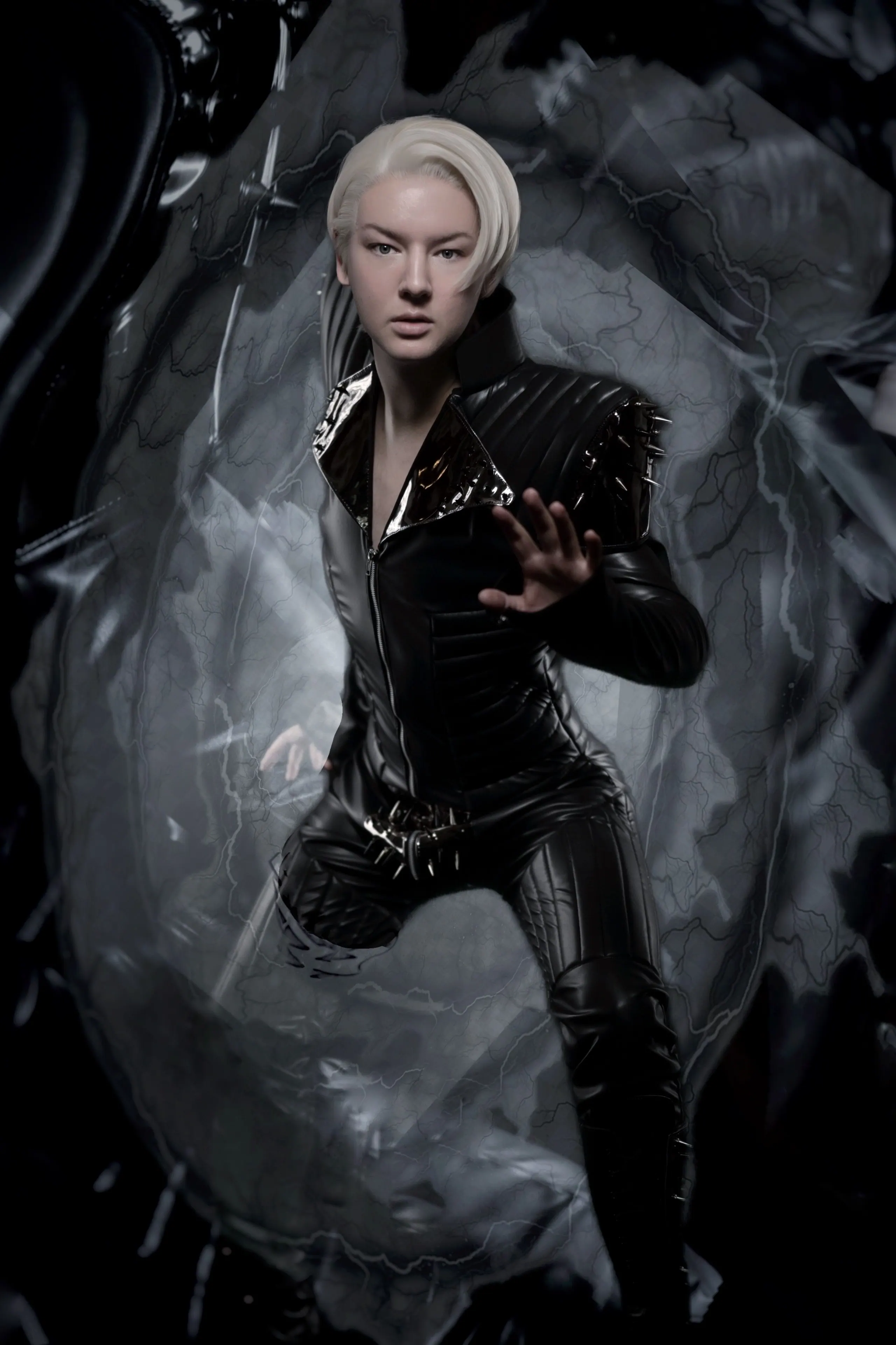 Figure in a quilted black patent catsuit crouched in a smoky silver set, one hand raised