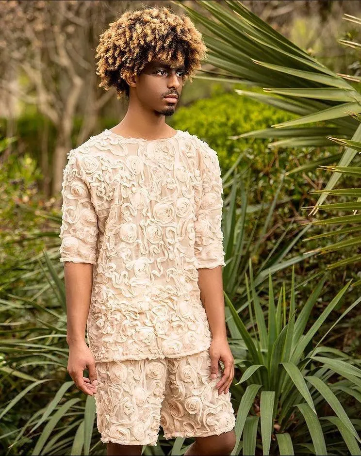Mens khaki Floral Lace Shirt Shorts Set Couture