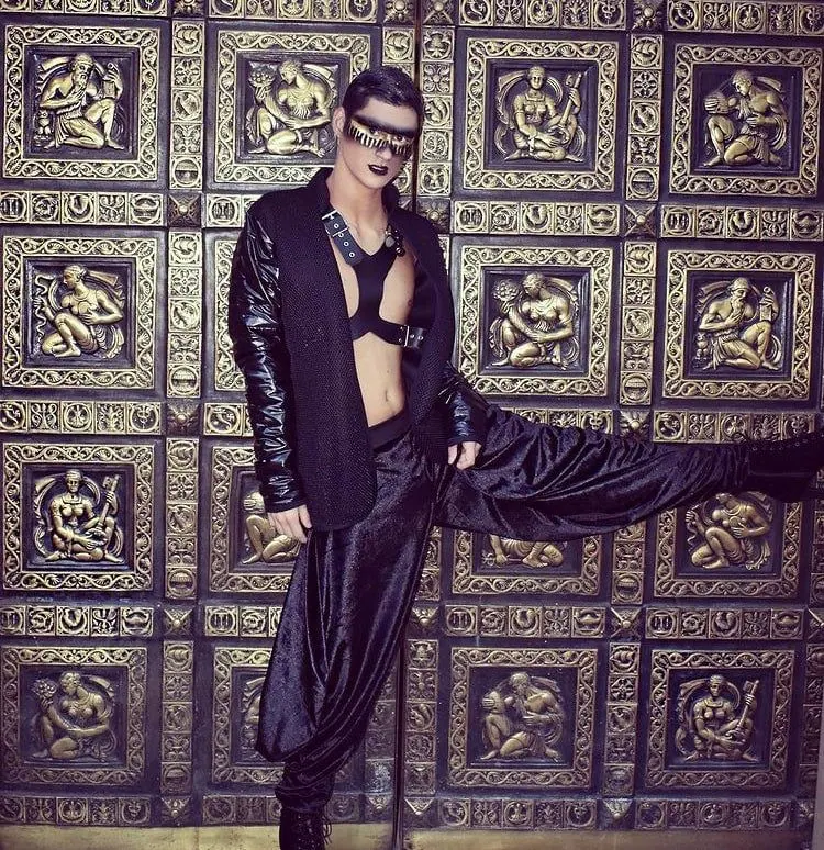 Mens harness harem pants black