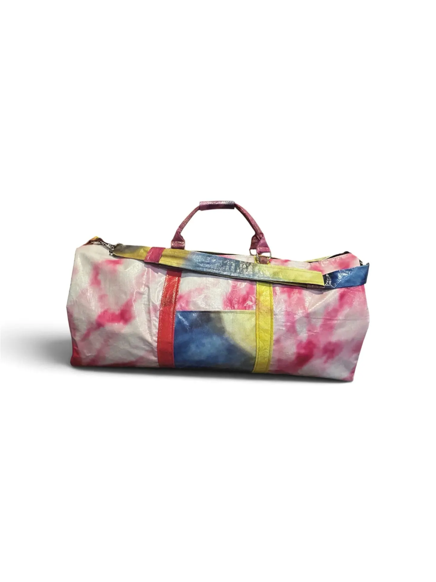 multicolored duffle with handles and strap